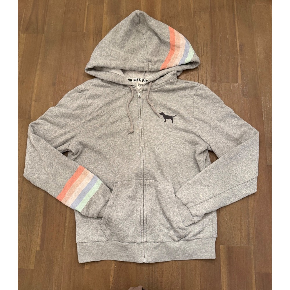 Victoria's Secret PINK Gray Rainbow Stripe Full Zip Hoodie Sweatshirt Small